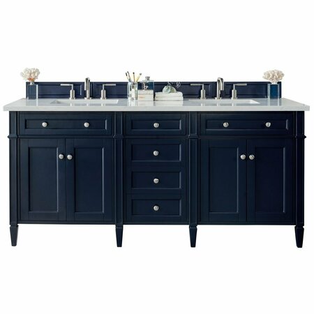 JAMES MARTIN VANITIES Brittany 72in Double Vanity, Victory Blue w/ 3 CM Arctic Fall Solid Surface Top 650-V72-VBL-3AF